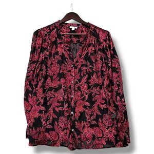 J. Jill Red Floral Print Button Down Blouse Sheer Top L Boho Fallcore Romantic‎